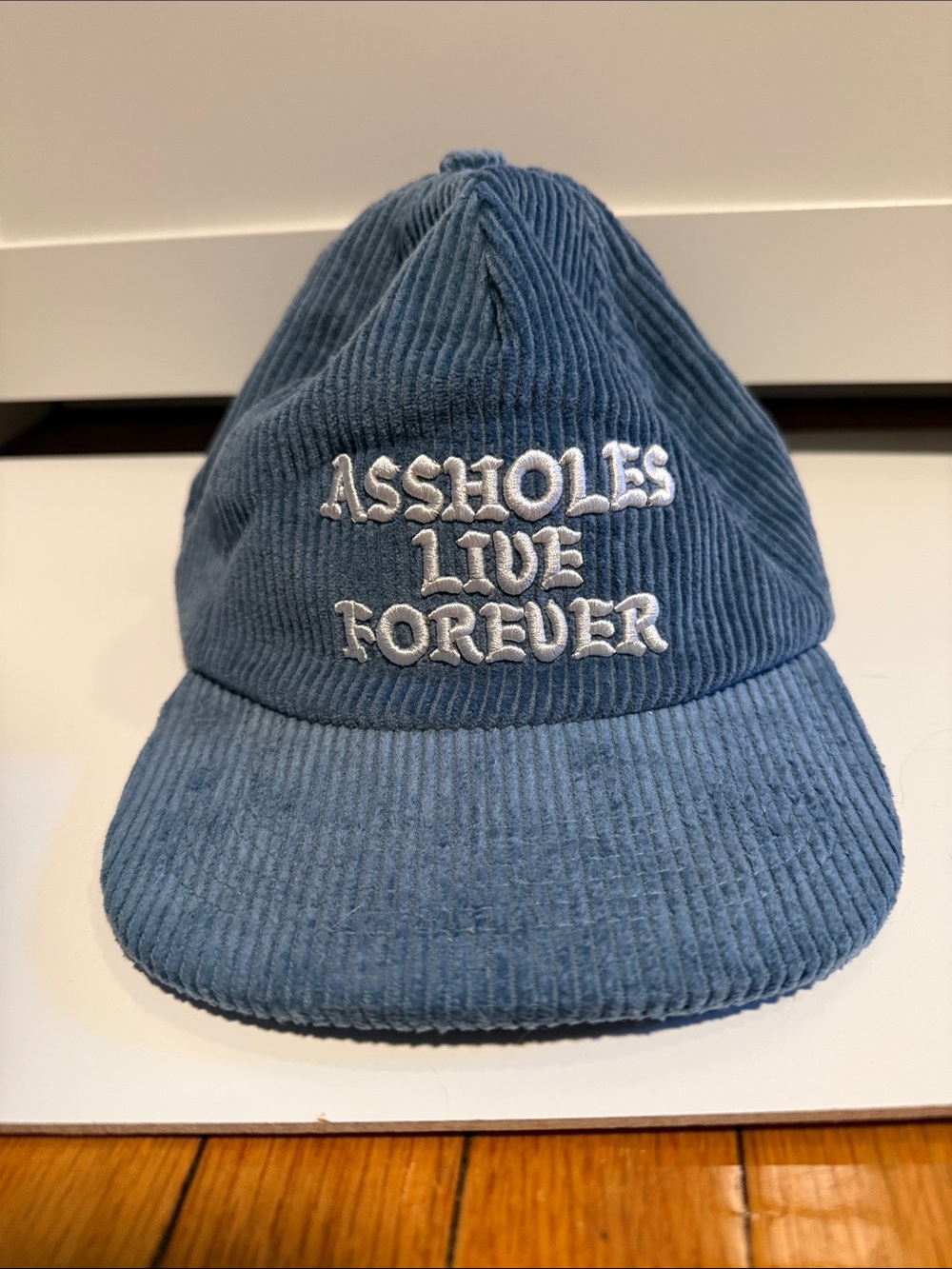 Blue Corduroy Baseball Cap with White Embroidered Slogan